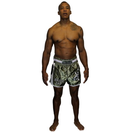 Muay Thai Shorts Brave Art – Khaki & White | Military Style & Fight Re