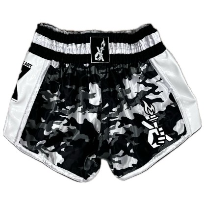 Muay Thai Satin Shorts Brave Art – Black Grey White Camo | Mobility