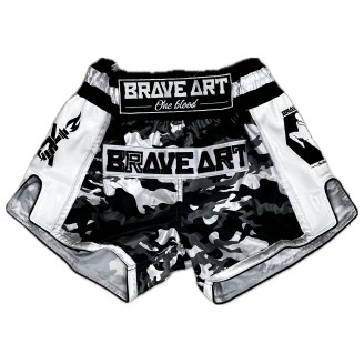 Short Muay-Thaï Satin Brave Art – Camo Noir Gris Blanc Style & Liberté