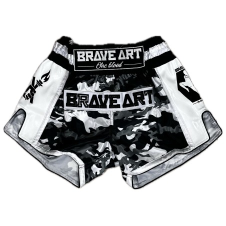 Muay Thai Satin Shorts Brave Art – Black Grey White Camo | Mobility