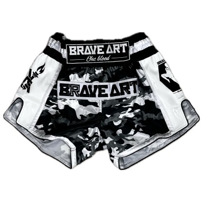 Muay Thai Satin Shorts Brave Art – Black Grey White Camo | Mobility
