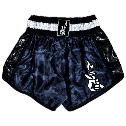 Short satinato Muay Thai con design mimetico nero, grigio e grigio