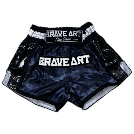 Short satinato Muay Thai con design mimetico nero, grigio e grigio