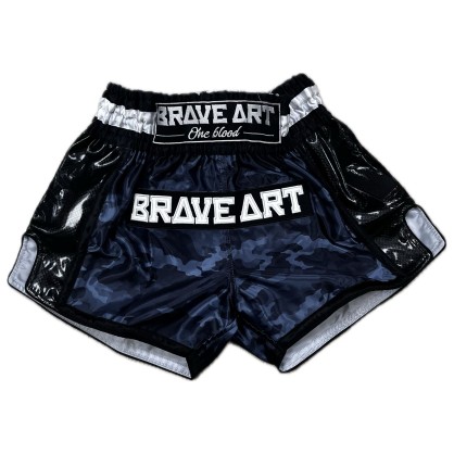 Short Muay-Thaï Satin Brave Art – Camouflage Noir Gris & Gris Foncé